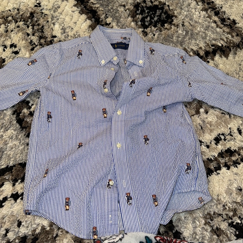 Ralph Lauren Boy’s Blue and White Striped Seersucker Bear Printed Button Down